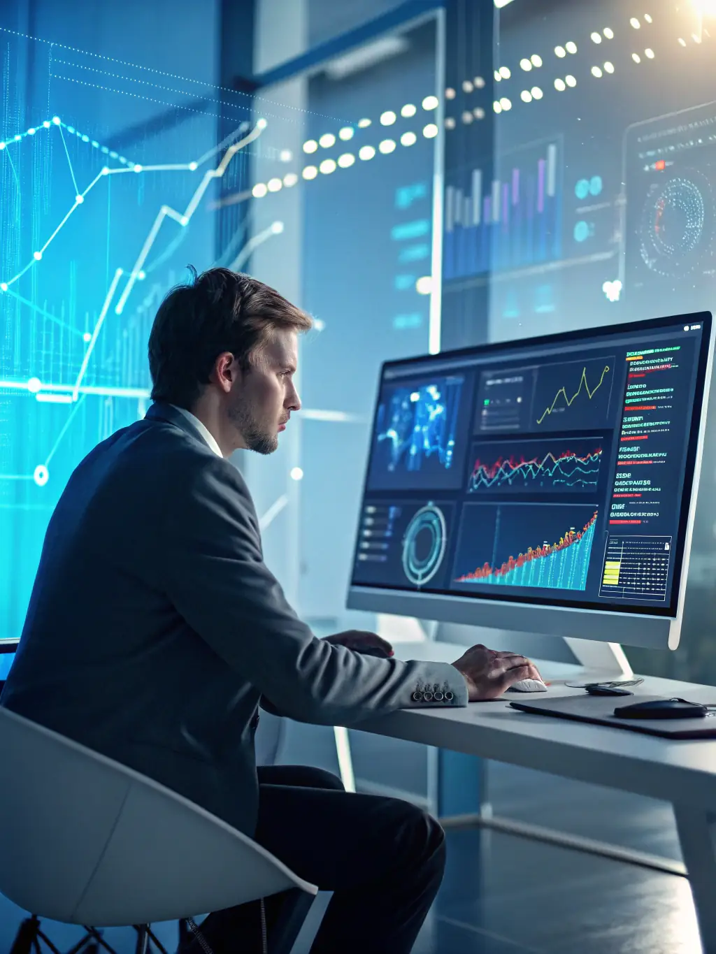 A business coach conducting a digital readiness assessment with a client, using a laptop to review data and insights.