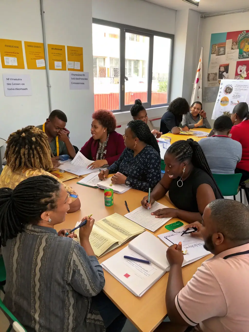 A leadership coach facilitating a workshop with a team of professionals, focusing on communication and collaboration skills.